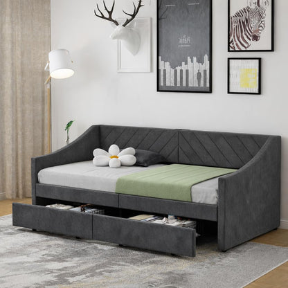 Arhomefurni Upholstered Twin Size Daybed with Two Storage Drawers, Twin Leatherair Sofa Bed Daybed with Wood Slat Support,No Box Spring Needed (Dark Grey)