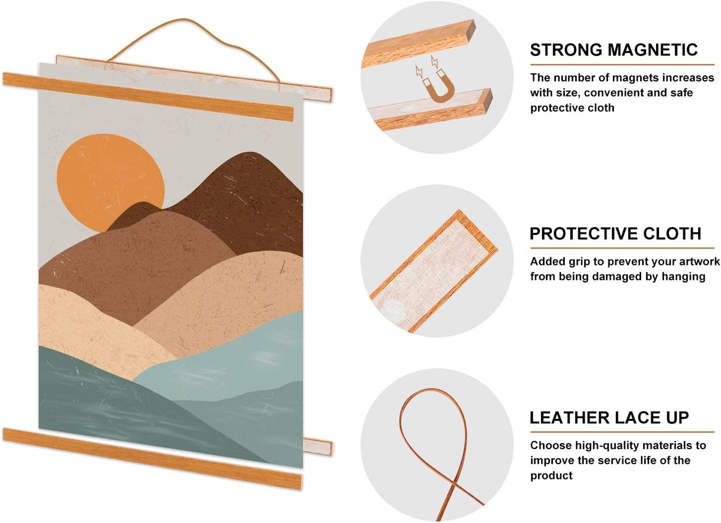 Magnetic Poster Hanger Kit for Walls, 37" Teak Wood, 37x28, 37x40, 37x25, Dowel Scroll Hanger for Artwork