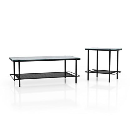 Furniture of America Basil Industrial Faux Marble Top Steel 2-Piece Coffee and End Tables Set with Open Shelves, Black and White
