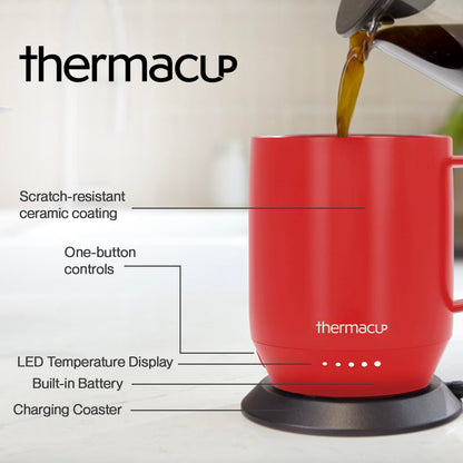 THERMACUP Premium Self Heating Coffee Mug, Temperature Controlled Heated Cup, Long Battery Life, Portable Electric Mug Warmer, Stainless Steel, Gift for Coffee Lovers, Home & Office (Cherry Red)