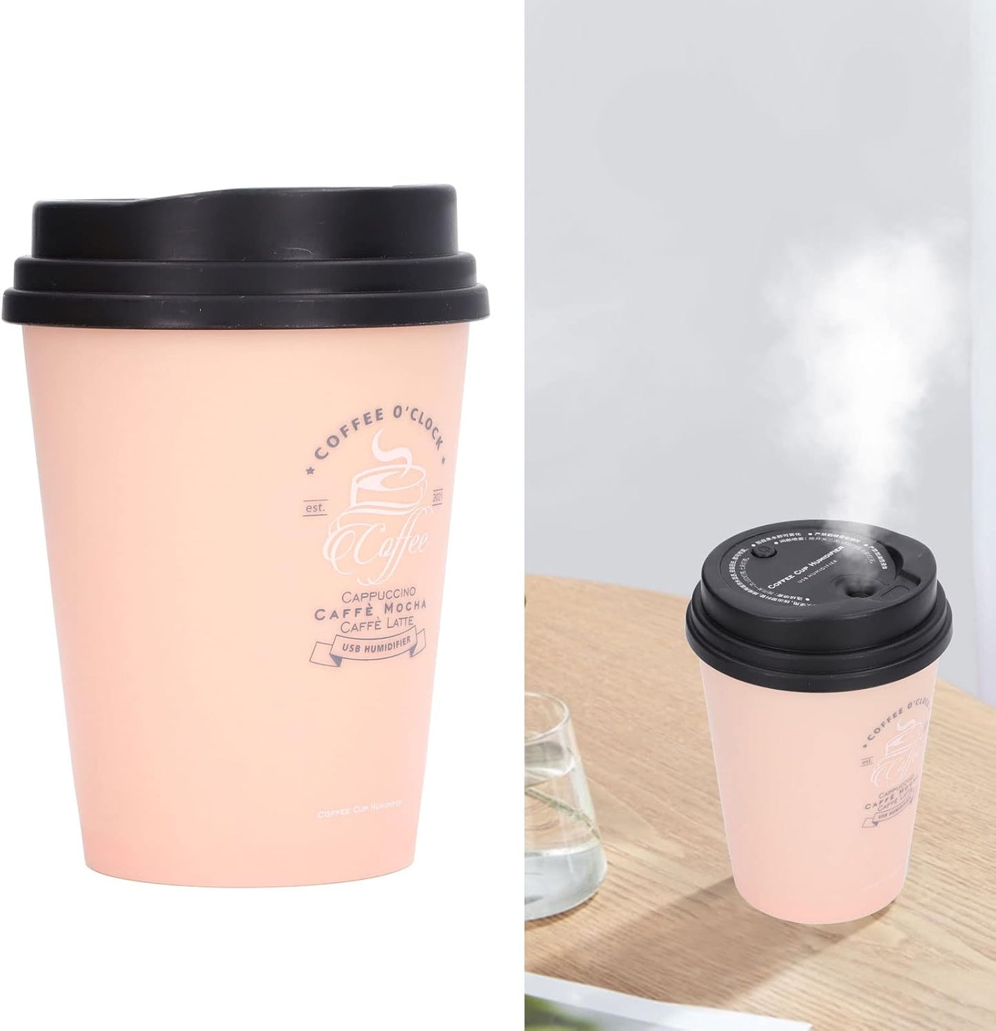 Desk Humidifier, USB 300ml Coffee Cup Low Noise Auto Off Mini Humidifier for Car (Pink)