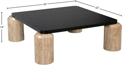 Meridian Furniture 99009Travertine-CT Ferrara Collection Art Deco Coffee Table with Genuine Travertine Legs, Black Finished Solid Oak Wood Top, 42" W x 42" D x 14" H, Natural