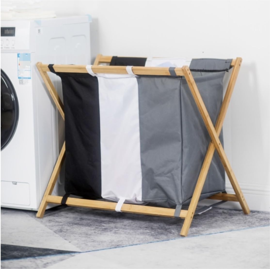 PXIWDAN Laundry Basket Bamboo Laundry Hamper 3 Section Felt Compartment Sorter Bag Basket Removable Clothes Wooden Clothes Hamper