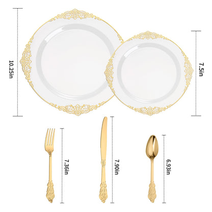 Goodluck 250 PCS Vintage White & Gold Rim Plastic Plates with Cutlery Set - Serves 50 - Heavy Duty Elegant Disposable Dinnerware for Formal Wedding, Catering, Upscale Party