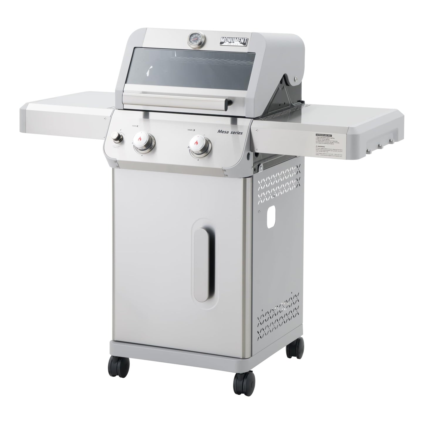 Monument Grills 2-Burner Stainless Steel Liquid Propane Gas Grill, Two Foldable Shelves Patio Garden Barbecue Grill with Clearview® Lid, Knob Control Mesa200S