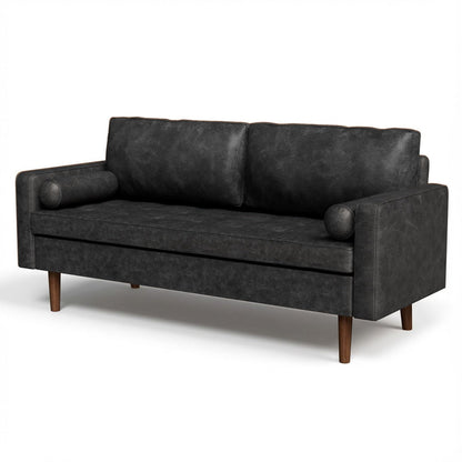 Meeyar 70" Mid-Century Modern Sofa Couch – Faux Leather Loveseat Sofa with Deep Seat & Solid Wood Frame – Includes 2 Accent Pillows – Black Living Room Bedroom Office (Black, 70 inches)