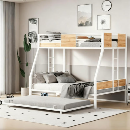 PVWIIK Twin Over Full Bunk Bed with Trundle,Heavy-Duty Sturdy Bedframe with Safety Guardrail & Ladder for Kids Boys Girls Teens,Space Saving Design & No Box Spring Needed,White