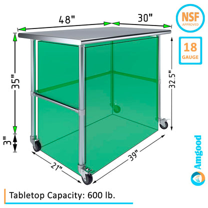 AmGood 30" X 48" Stainless Steel Work Table - with Open Base & Wheels | Food Prep | Utility Work Station | NSF Certified
