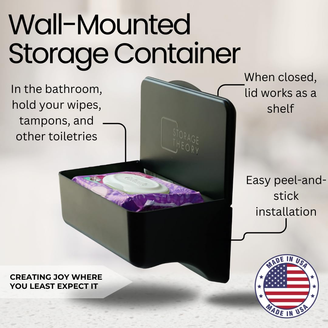 Wipe Holder for Bathroom – Adhesive Wall Mount Organizer for Wet Wipes – Bathroom Toilet Wipes Shelf & Baby Wipe Holder Dispenser, Organize Feminine Products – Black, 1 Pack