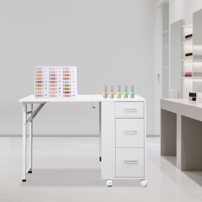 TREMENPOW Foldable Manicure Table, Single Station Nail Desk, Manicure Table with 3 Drawers & Wheels, 220lb Capacity, for Nail Salons, Beauty Spa, Home Office, Writing or Computer Desk