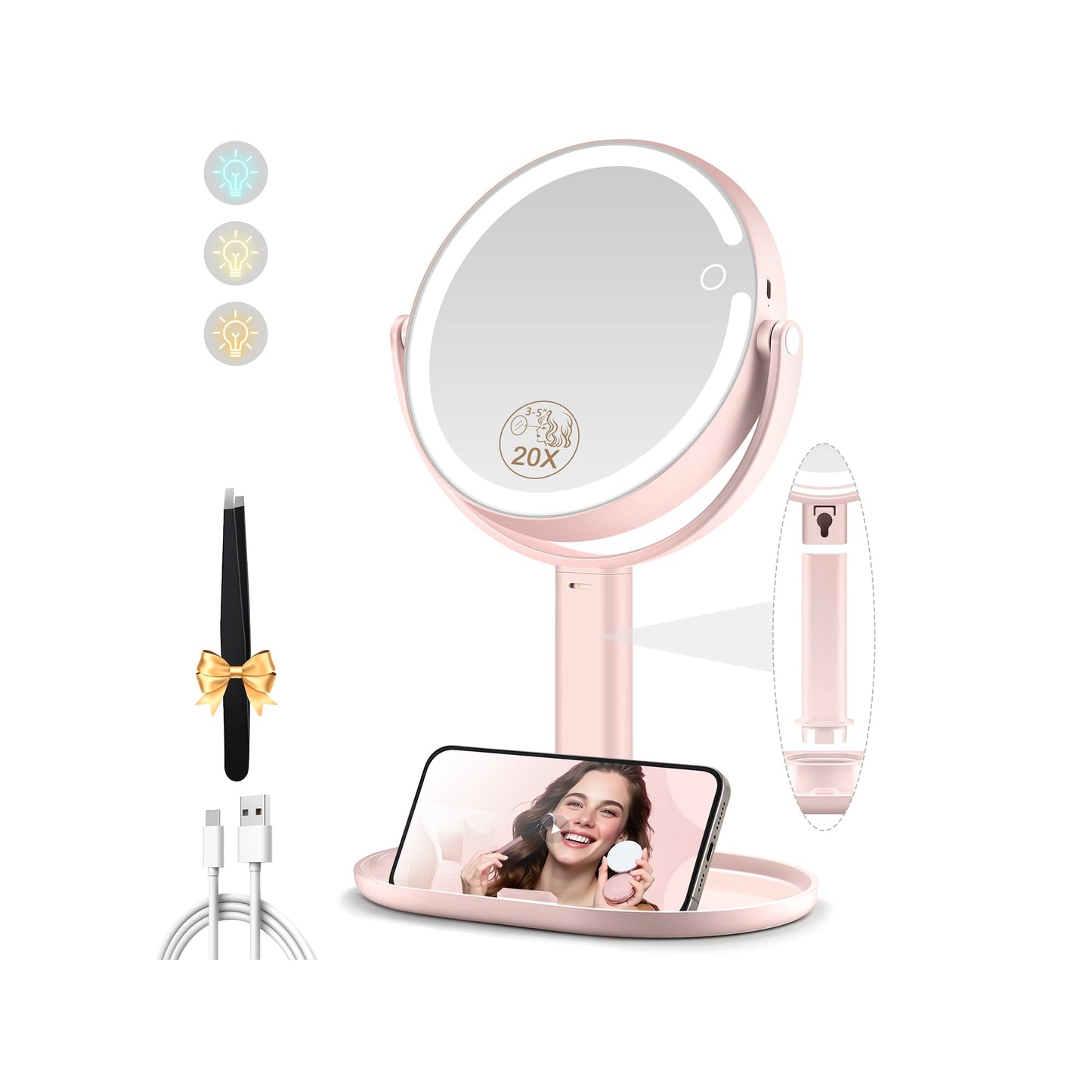 Makeup Mirror with Lights, Double Sided 1x/20x Magnifying Mirror with Light, Rechargeable 3 Color Lights and Adjustable Brightness, 360° Rotation Detachable Comes with Tweezer(Black)