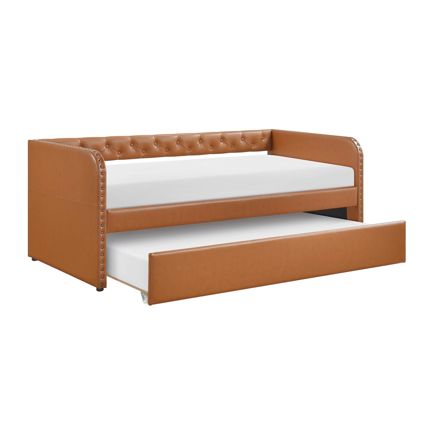 Lexicon Faux Leather Daybed with Trundle, Solid Wood Frame, Nailhead Trim, Wood Slat Support, Button Tufted Trundle Day Bed Sofa Bed for Bedroom/Guest Room, No Box Spring Needed, Twin, Matte Brown