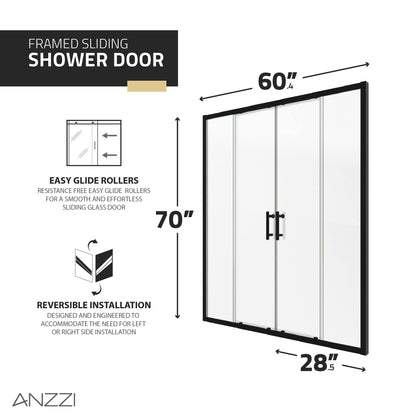 ANZZI 70-in x 60-in. Framed Double Sliding Shower Door, Resistance Free Hinges for Smooth Opening and Closing, Clear Tempered Glass in Matte Black Finish (SD-AZ15-01MB)