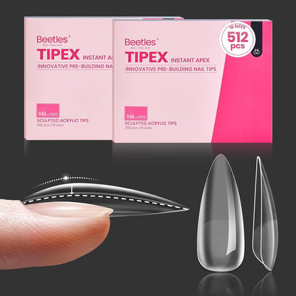Beetles Tipex Gel Nail Kit, Medium Almond Nail Tips 224 Pcs 16 Sizes Pre-Building Pre-Etched Thick Acrylic Tips with Tipex Glue, Mini Lamp