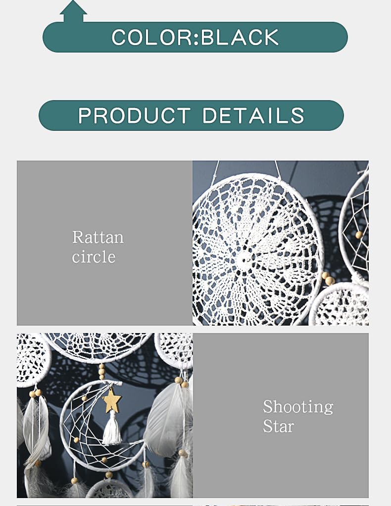 Boho Dream Catcher Wall Hanging Set of 5 Large Moon Dream Catchers with Luxurious Feathers and Beads, Handcrafted Wall Decoration for Bedrooms, Nurseries and Living Rooms (Gray)