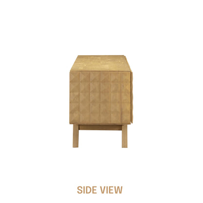 NTC Sapa Mid-Century Modern Solid Wood TV Stand 4-Door Media Console with Carved Geometric Fronts for TVs up to 75", Effortless Assembly, Sand