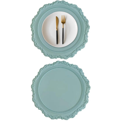 2 Pack Round Silicone Placemats Set, 13.38 Inch Diameter European Style Decorative Table Mats, Heat Resistant Waterproof Non-Slip Easy Clean Dish Mats for Dining Table & Kitchen Counter (Green)