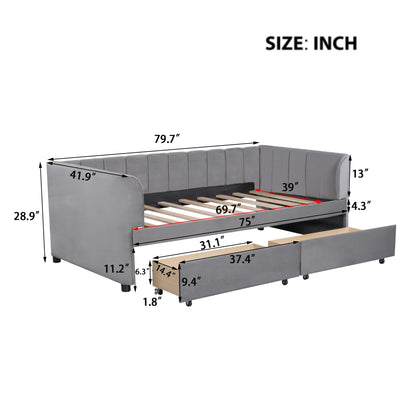 Bellemave Twin Size Daybed with 2 Storage Drawers & Upholstered Ergonomic Design Backrest,Velvet Day Bed Wood Slats, Modern Space Saving Sofabed for Bedroom,Living Room, Easy Assembly (Gary)