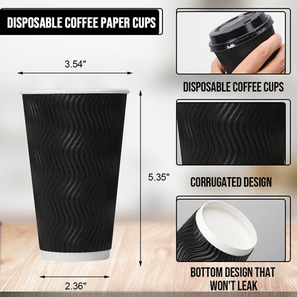 BYSNOW 100 Pack 16 oz Coffee Cups with Lids, Disposable Insulated Hot Cups To Go Paper Coffee Cups, Corrugated Ripple Wall Cup for Hot Drink, Office, Coffee Bar (Black 16 oz)