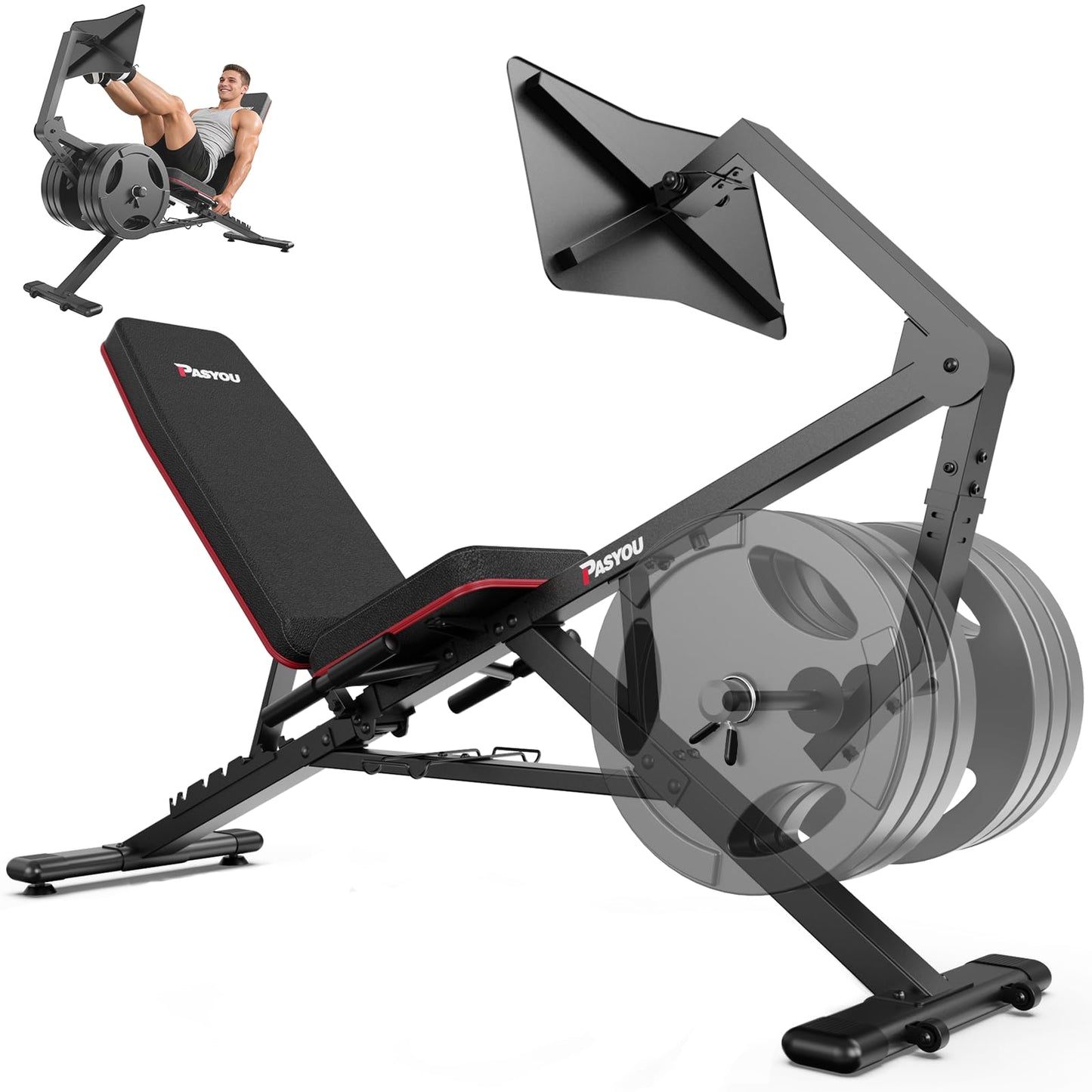 PASYOU Leg Press Machine for Home Gym – Adjustable Foot Plate Weight Bench with Leg Extension, Compact Footprint Workout Bench for Glutes, Quads & Hamstrings, Compatible with 1'' and 2'' Weight Plates