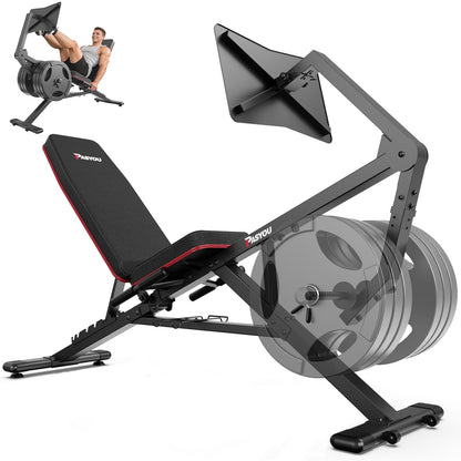 PASYOU Leg Press Machine for Home Gym – Adjustable Foot Plate Weight Bench with Leg Extension, Compact Footprint Workout Bench for Glutes, Quads & Hamstrings, Compatible with 1'' and 2'' Weight Plates