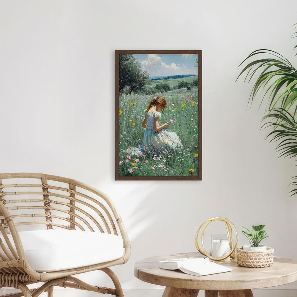 16x24 Inches Framed Girl in Wildflower Meadow Wall Art Impressionist Oil Painting Print on Canvas, Pastoral Nature