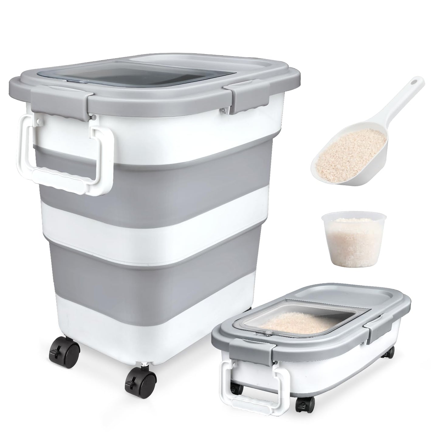 Komzon Rice Storage Container, Collapsible Airtight 10-40 Lb Rice Storage Container, 25lb Pet Dog Food Storage Container, Rice Dispenser Bin with Cup and Scoop for Flour Cereal Pasta Grain, Cat Bird