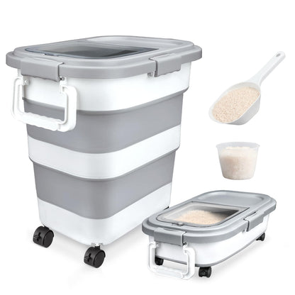 Komzon Rice Storage Container, Collapsible Airtight 10-40 Lb Rice Storage Container, 25lb Pet Dog Food Storage Container, Rice Dispenser Bin with Cup and Scoop for Flour Cereal Pasta Grain, Cat Bird