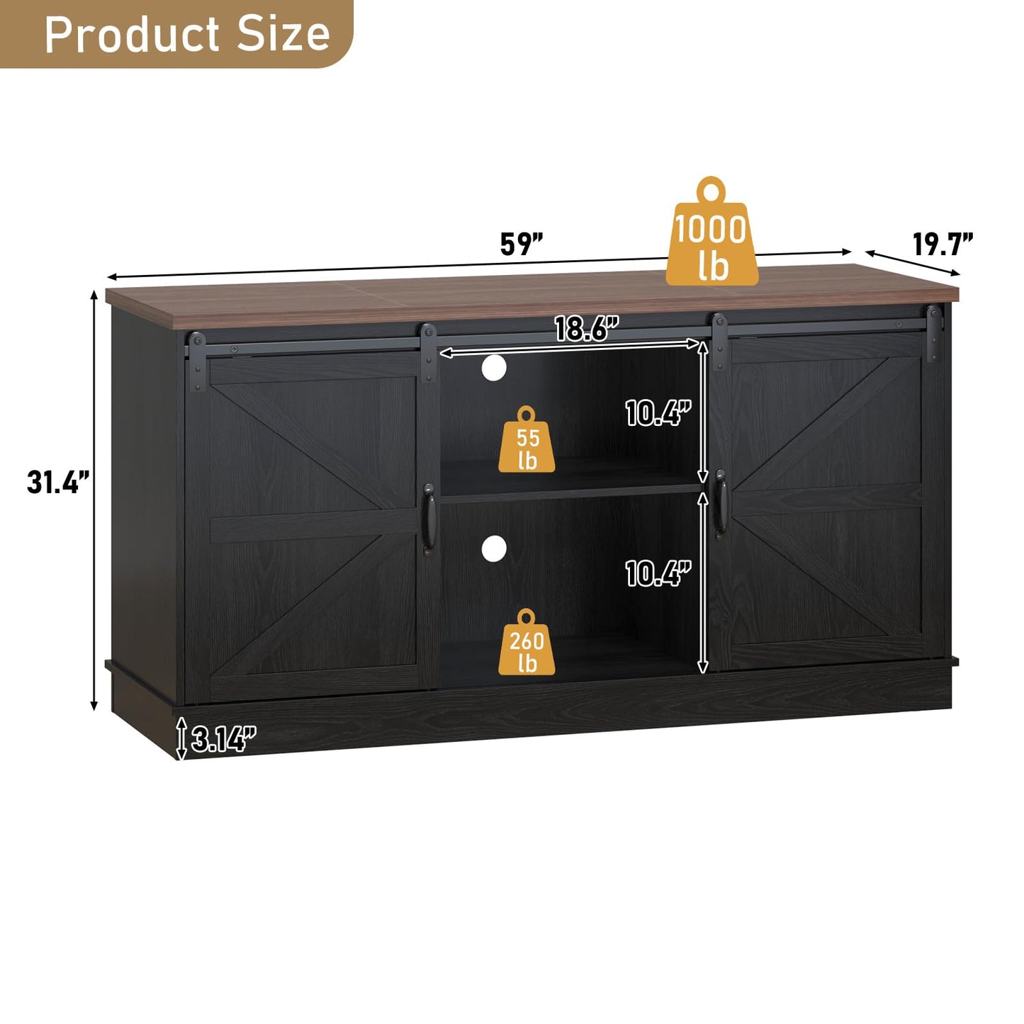 Hlivelood Farmhouse 75-120 Gallon Fish Tank Stand with Power Outlet, Aquarium Stand w/Cabinet&Sliding Barn Door, Heavy Duty Reptile Tank Stand for Fish/Turtle/Reptile Terrarium, 1000LB Capacity, Black