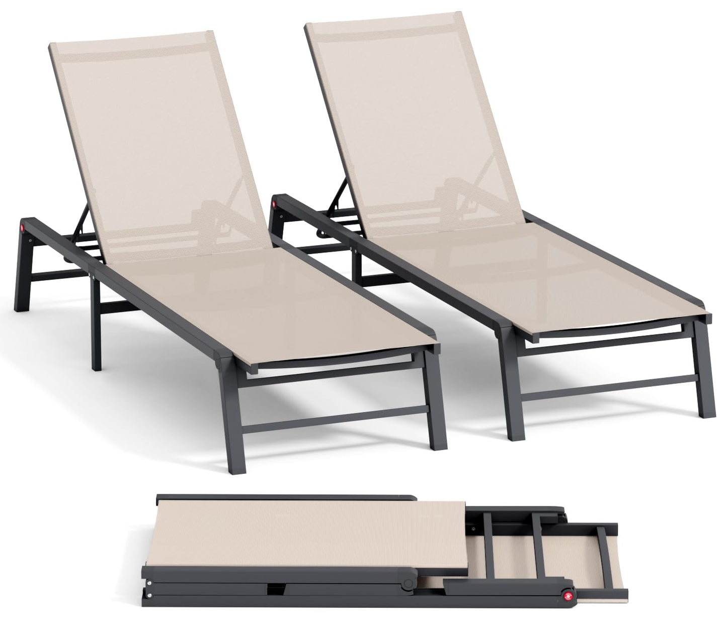 Aluminum Chaise Lounge Chair Outdoor, Foldable Patio Lounge Chair 2 Sets Assemble-Free, Pool Lounge Chairs with 5 Adjustable Backrest, Outdoor Lounge Chairs for Outside Poolside Beach Lawn Beige