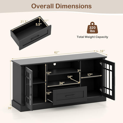 Tangkula Farmhouse TV Stand for TV up to 65 70 Inches, Tall Media Console Table with 2 Glass Storage Cabinets, 1 Drawer & 2 Open Shelves, Wooden Entertainment Center for Living Room (Black)