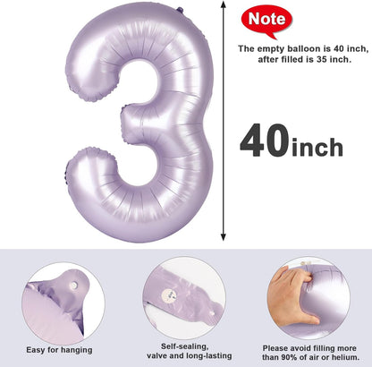 Numbers Balloon - 40 Inch Large Cream Purple Balloon for 3rd Birthday Party Decor | Perfect for Celebrations