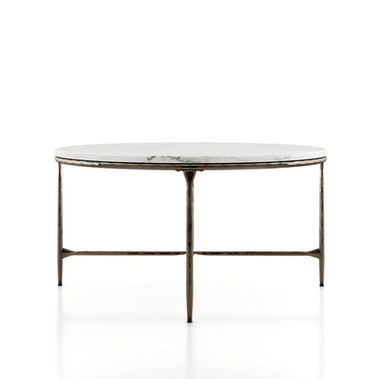 24/7 Shop at Home Aureum Modern 35-inch Round Marble Top Coffee Table with X-Brace, Hammered Dark Bronze Metal Frame for Living Room, Office, White