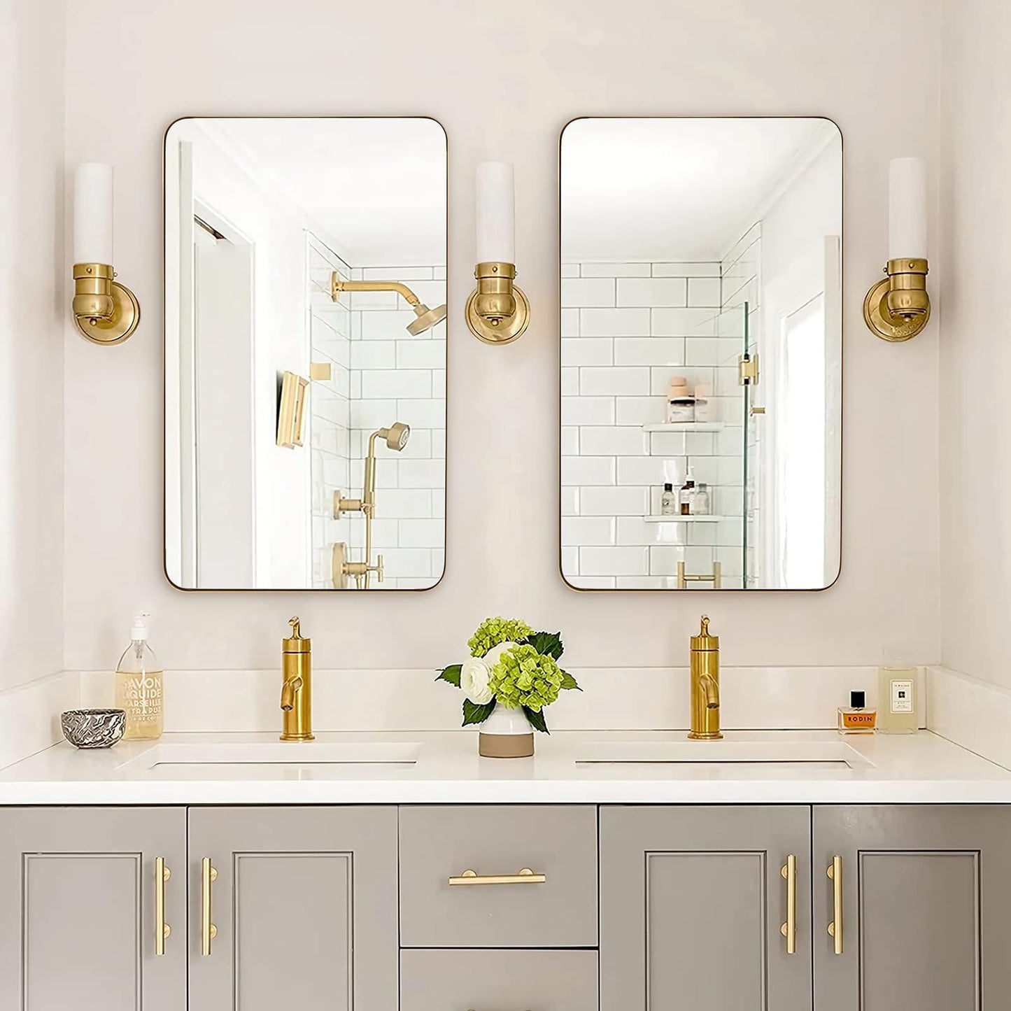 ANDY STAR 30"x48" Brass Gold Bathroom Mirror, Large Wall Mirror for Bathroom, Rounded Rectangle Mirror in Premium Stainless Steel Metal Frame Hangs Horizontal Or Vertical (Brushed Gold)