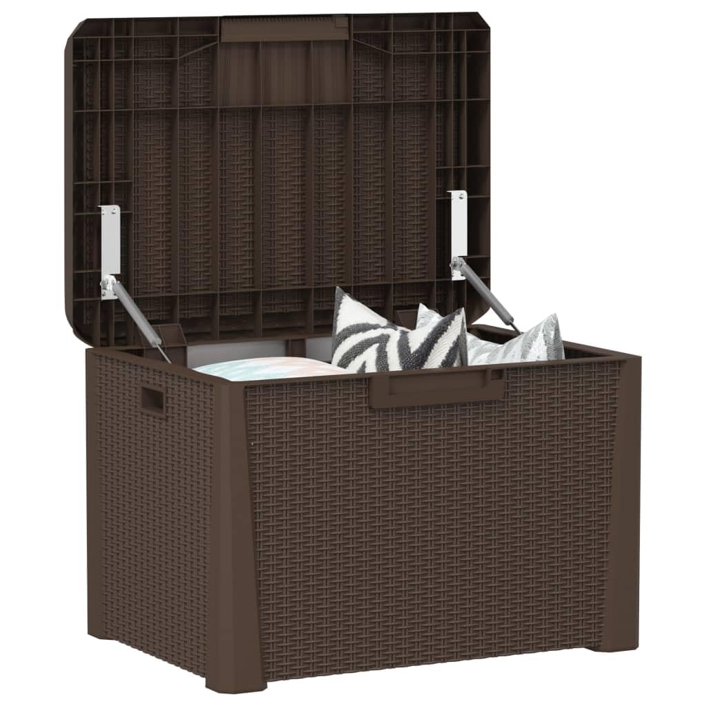 Kalmrek Patio Storage Box Brown 33 gal Polypropylene Resin Wicker Garden Deck Porch Outdoor Storage Chest Bench with Lockable Lid and Gas-Lift Mechanism for Cushion Pillow Tool Organization