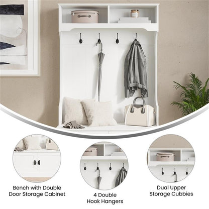 Pemberly Row 40" Wide Hallway Tree with Storage Bench & Cubbies, White Finish, Decorative Backboard Paneling, 4 Double Hooks, Particleboard, Entryway or Mudroom Organizer