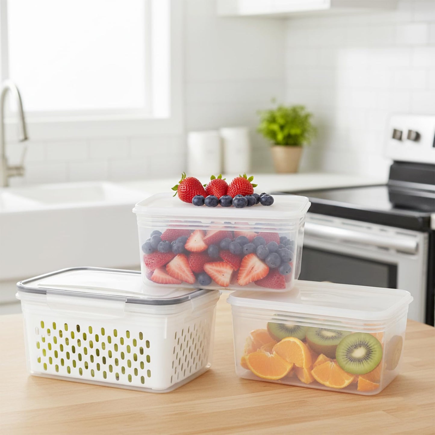 Dukrouk Grape Container for Fridge,3PCS(0.9Qt - 13.5Qt),Leakproof Grape Container with Removable Colander,Dishwasher & microwave safe Produce Containers,Keep Fruits, Vegetables, Meat Fresh Longer
