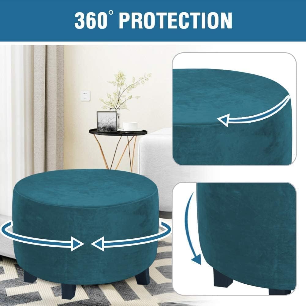 ADPON Velvet Plush Ottoman Cover,Super Stretch Round Ottoman Slipcover Washable Storage Stool Furniture Protector