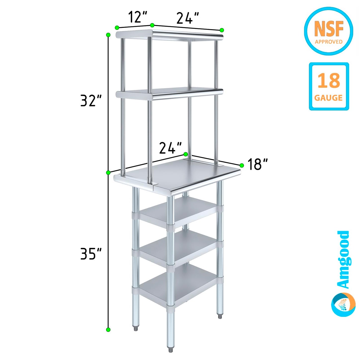 Amgood 18" x 24" Stainless Steel Work Table with 3 Shelves and 12" Wide Double Tier Overshelf | Metal Kitchen Prep Table & Shelving Combo | NSF