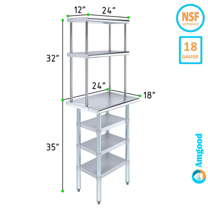 Amgood 18" x 24" Stainless Steel Work Table with 3 Shelves and 12" Wide Double Tier Overshelf | Metal Kitchen Prep Table & Shelving Combo | NSF