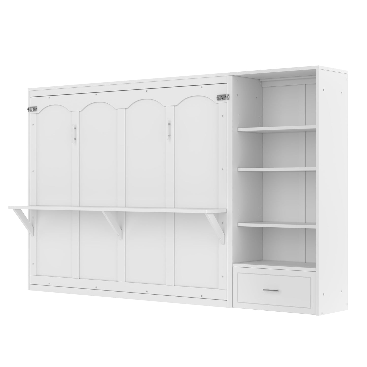Bellemave Queen Murphy Bed with Height Adjustable Storage Compartments and Shelf, Wall Bed Frame, Murphy Cabinet with Foldable Panel, Noisy Free, for Guest Bedroom, Living Room, White