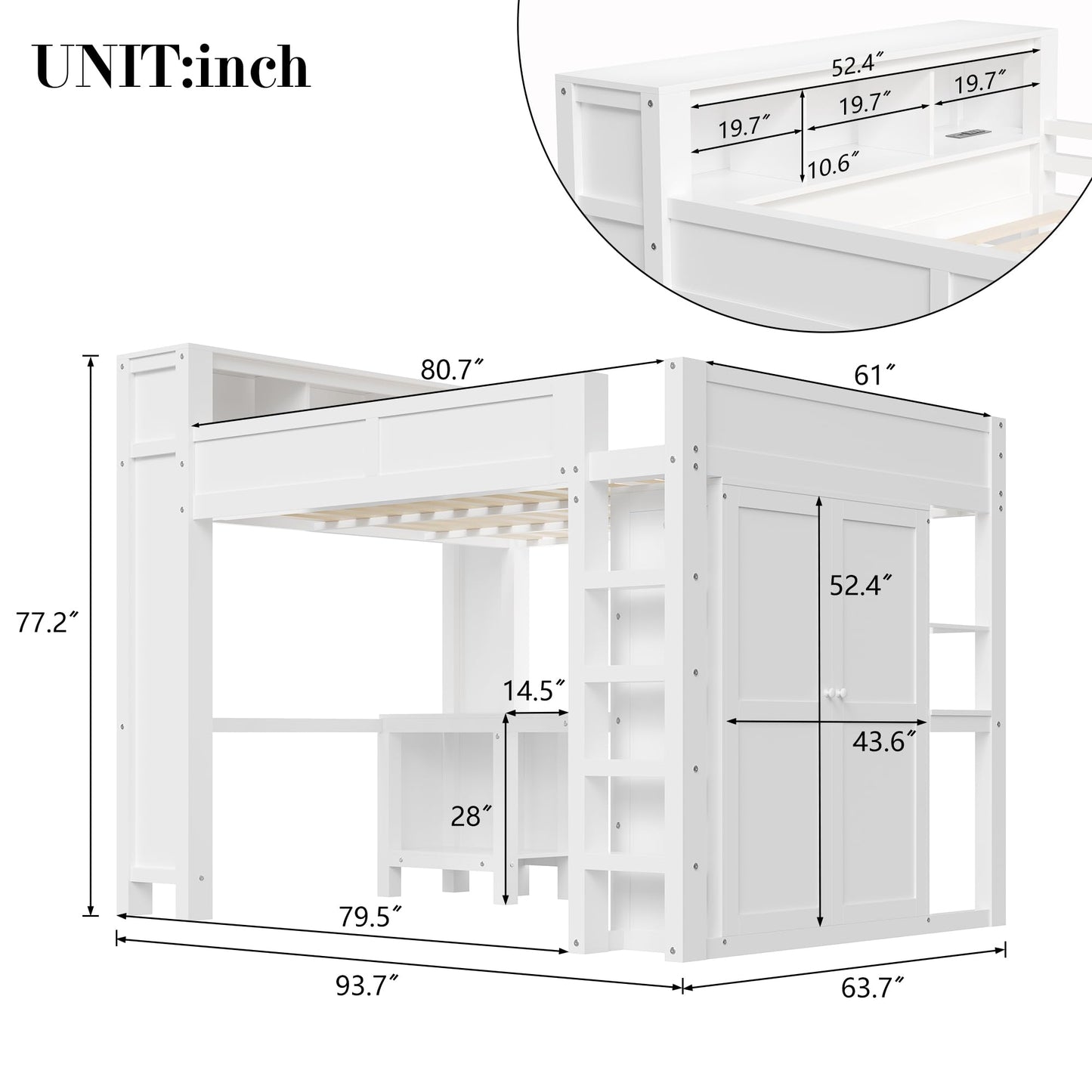 Merax Queen Loft Bed Frame with Desk and Wardrobe, Headboard with Storage & Charging Station, Wood Loft Bunk Bed with Solid Slats & Guardrail, No Box Spring Needed, Space-Saving, Noise Free, White