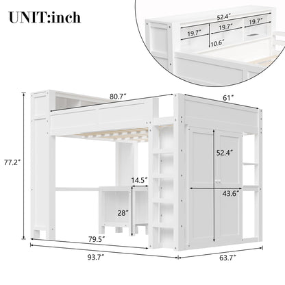 Merax Queen Loft Bed Frame with Desk and Wardrobe, Headboard with Storage & Charging Station, Wood Loft Bunk Bed with Solid Slats & Guardrail, No Box Spring Needed, Space-Saving, Noise Free, White