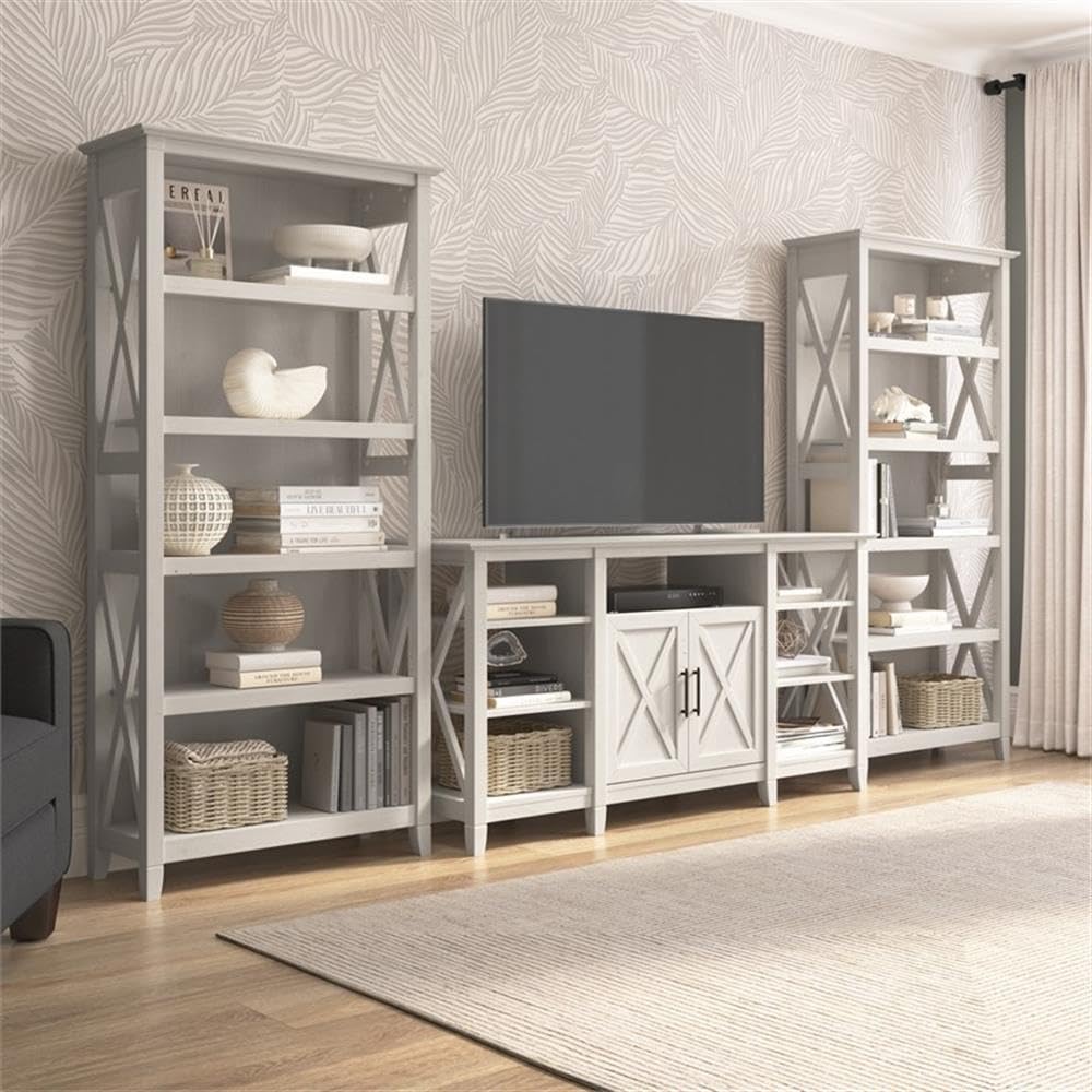 Bush Furniture Key West Tall TV Stand with Set of 2 Bookcases, Farmhouse Entertainment Center for 65 Inch Television, 17D x 60W x 66H, Linen White Oak