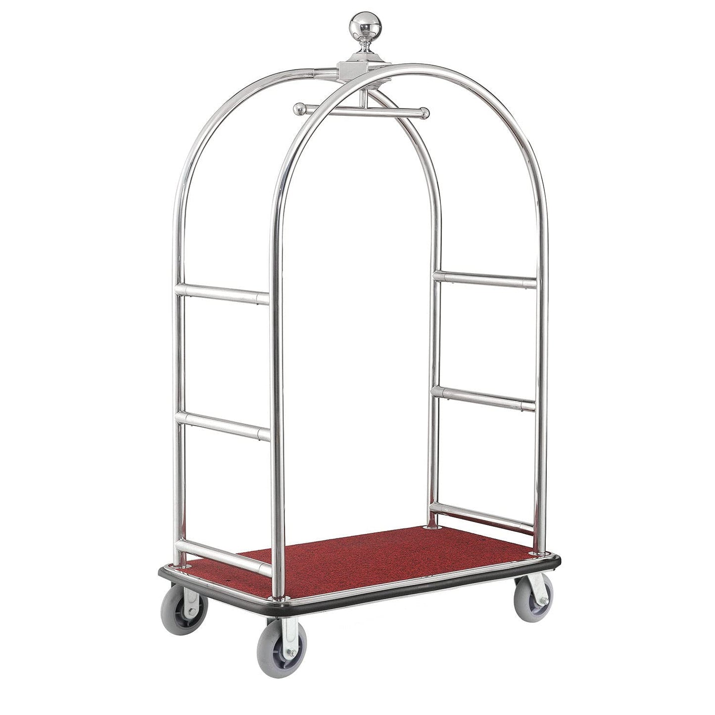 Global Industrial Silver Stainless Steel Bellman Cart Curved Uprights 6" Rubber Casters, 41-1/4"L x 24" W x 73" H, Hotel Luggage Cart for Commercial Use, Condos, Resorts