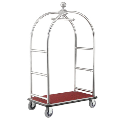 Global Industrial Silver Stainless Steel Bellman Cart Curved Uprights 6" Rubber Casters, 41-1/4"L x 24" W x 73" H, Hotel Luggage Cart for Commercial Use, Condos, Resorts