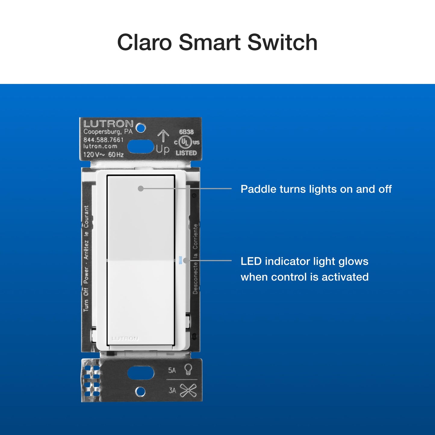 Lutron Claro Smart Light Switch for Caseta Lighting, for LED Lights, Fans, 5 Amp, Single-Pole/3-Way, Neutral Required, DVRF-5NSS-WH-2, White, 2 Pack