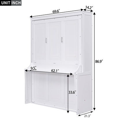 Merax Upgrade Queen Size Murphy Bed Space-Saving Wooden Wall Bedframe with a Shelf for Guest Room,Home Office,White