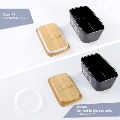 Hasense Butter Dish with Lid, Ceramic Butter Dish with Knife for Countertop, Airtight Covered Butter Keeper Container, Large Black Butter Holder for Refrigerator,Black