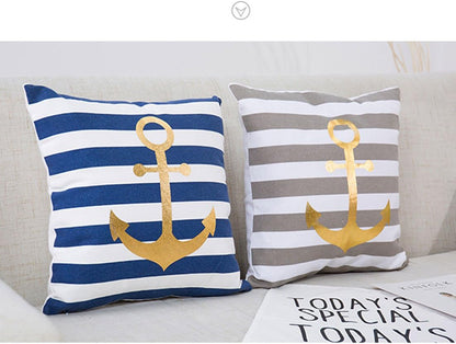 Nautical Decorative Pillow Cover, Gold Anchor Pattern and Stripes 18X18 (Navy Stripes)